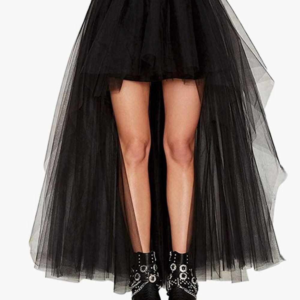 Black High Low Tutu Tulle Bustle Skirt Elastic Waist Festival Party Skirt